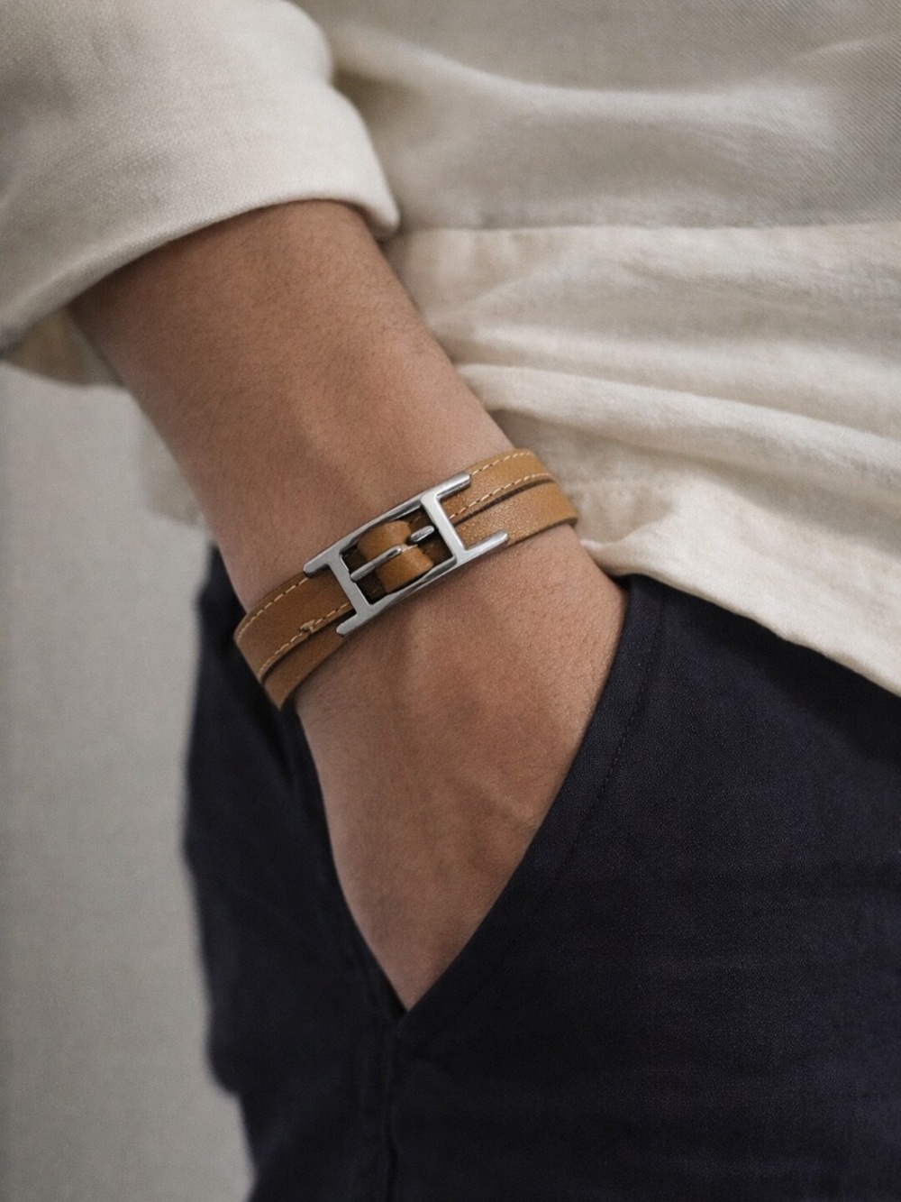 Hermes Behapi Double Tour Bracelet Leather Palladium H Buckle Authentic